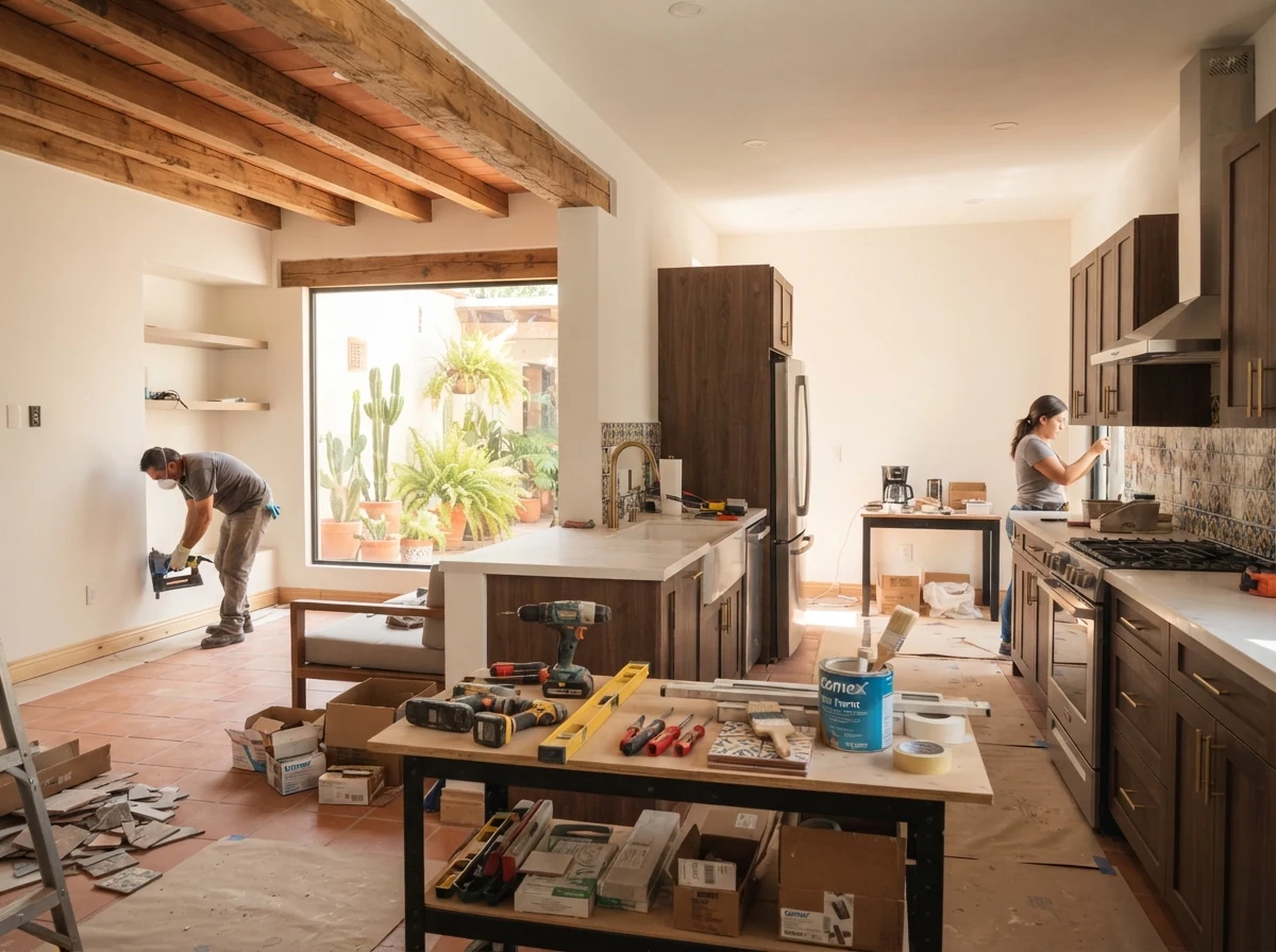 Trabajadores remodelando cocina y ampliando vivienda usando el programa Mejoravit